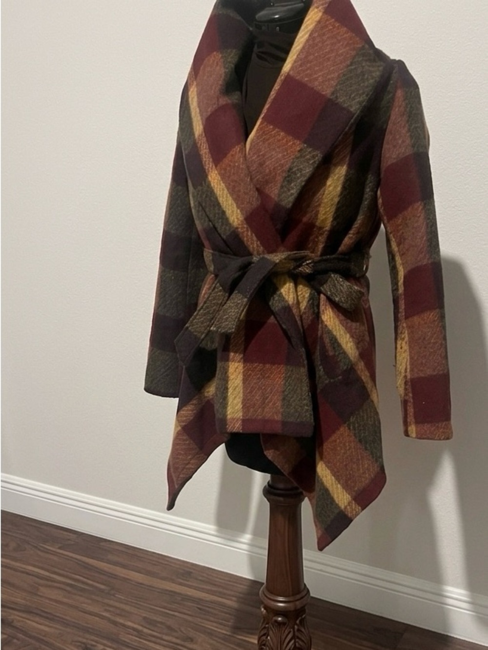 Chicwish Plaid Wrap Coat in Burgundy, Mustard & Olive size S - Picture 3 of 10